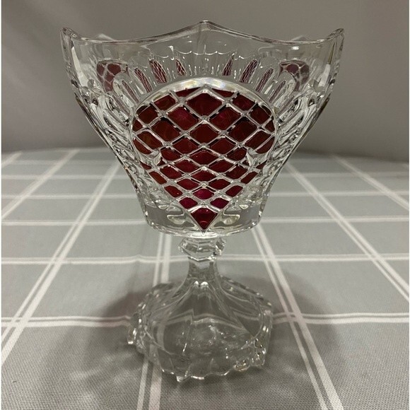 Vtg Ruby Red Glass Pedestal Bowl Diamond Point Teardrop 3 Sided Dish Unique - Picture 7 of 8
